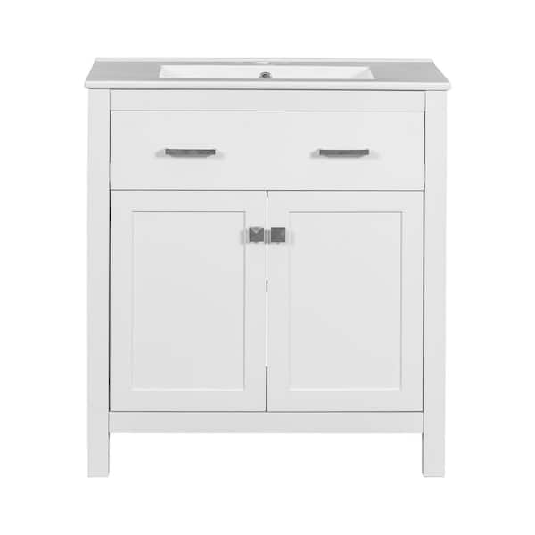 30 in. Freestanding White Bath Vanity with White Ceramic Top, 2-Doors and a Shelf, Soft Close Doors