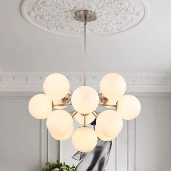 HUOKU Carla 13-Light 23.6 in. W Brushed Nickel Modern Chandelier with Bubble Cluster Light Glossy Opal Glass for Living Room