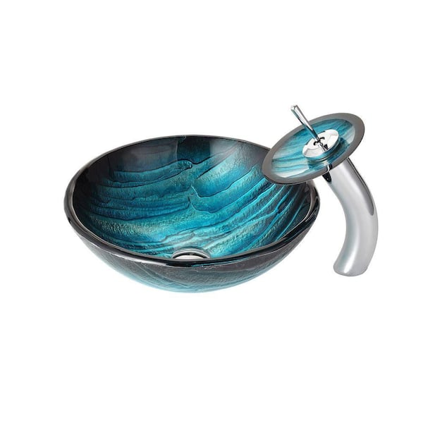 KRAUS Ladon Glass Vessel Sink in Blue with Waterfall Faucet in Chrome