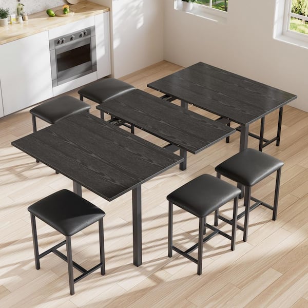 7-Piece Expandable Dining Table Set with USB Ports and 6 Stools-Black Modern MDF Dining Room Furniture for Small Spaces