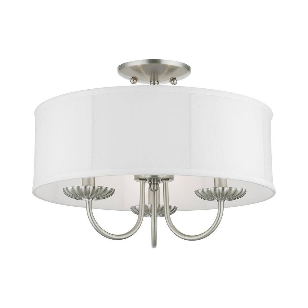 Brookdale Brushed Nickel 3-Light Semi-Flush Mount with Off-White Drum Shade