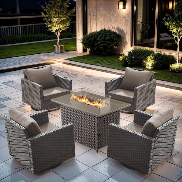 Gymojoy Valenta Brown 5-Piece Wicker Patio Fire Pit Set, Swivel Rocking Chairs Set with Gray Cushions and Firepit Table