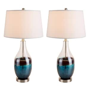 28 in. Blue&Silver Indoor Art Glass Table Lamp (Set of 2) with Linen Shade for Bedroom Living Room Vintage Bedside