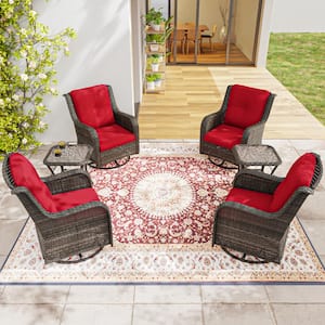 6-Piece Wicker Patio Conversation Set with All-Weather Swivel Rocking Chairs Red Cushions