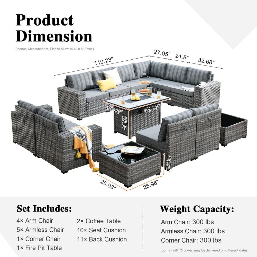 Marlton 13-Piece Gray Wicker Outdoor Sofa Set with Fire Pit