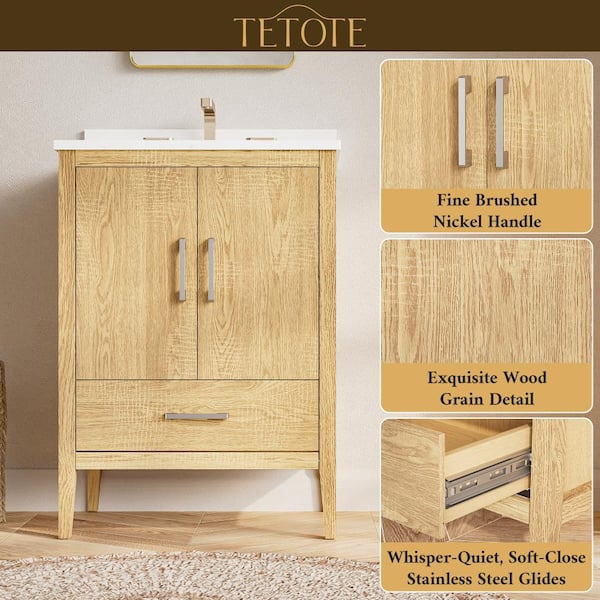 TETOTE 24 in. Single Sink Wood Bath Vanity with Quartz Top HD