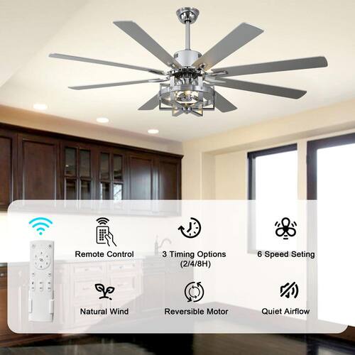 Vintlume 65 in. Indoor Chrome Metal Caged Ceiling Fan with Light, 6-Speed Reversible Ceiling Fan with Remote Bella Depot Ceiling Fans With Lights