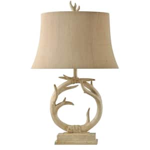 30 in. Distressed Cream Table Lamp with Beige Hardback Natural Linen Shade