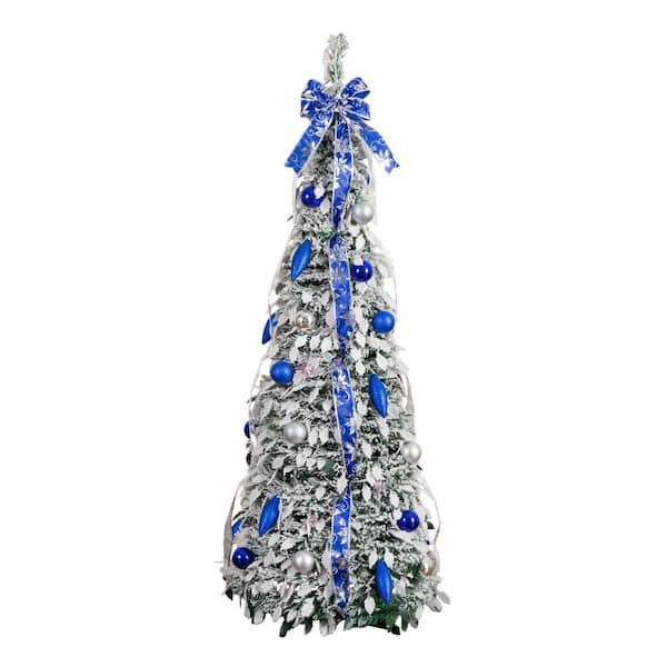 5 ft. Pre-Lit Artificial Pop Up Flocked Christmas Tree with Silver & Blue Ornaments, Ribbons & 100-Warm White LED Lights
