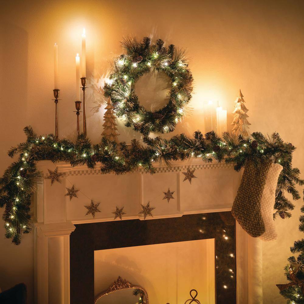 9-Foot Pre-lit Flocked Pine Christmas Garland with Pinecones and Gold Accents