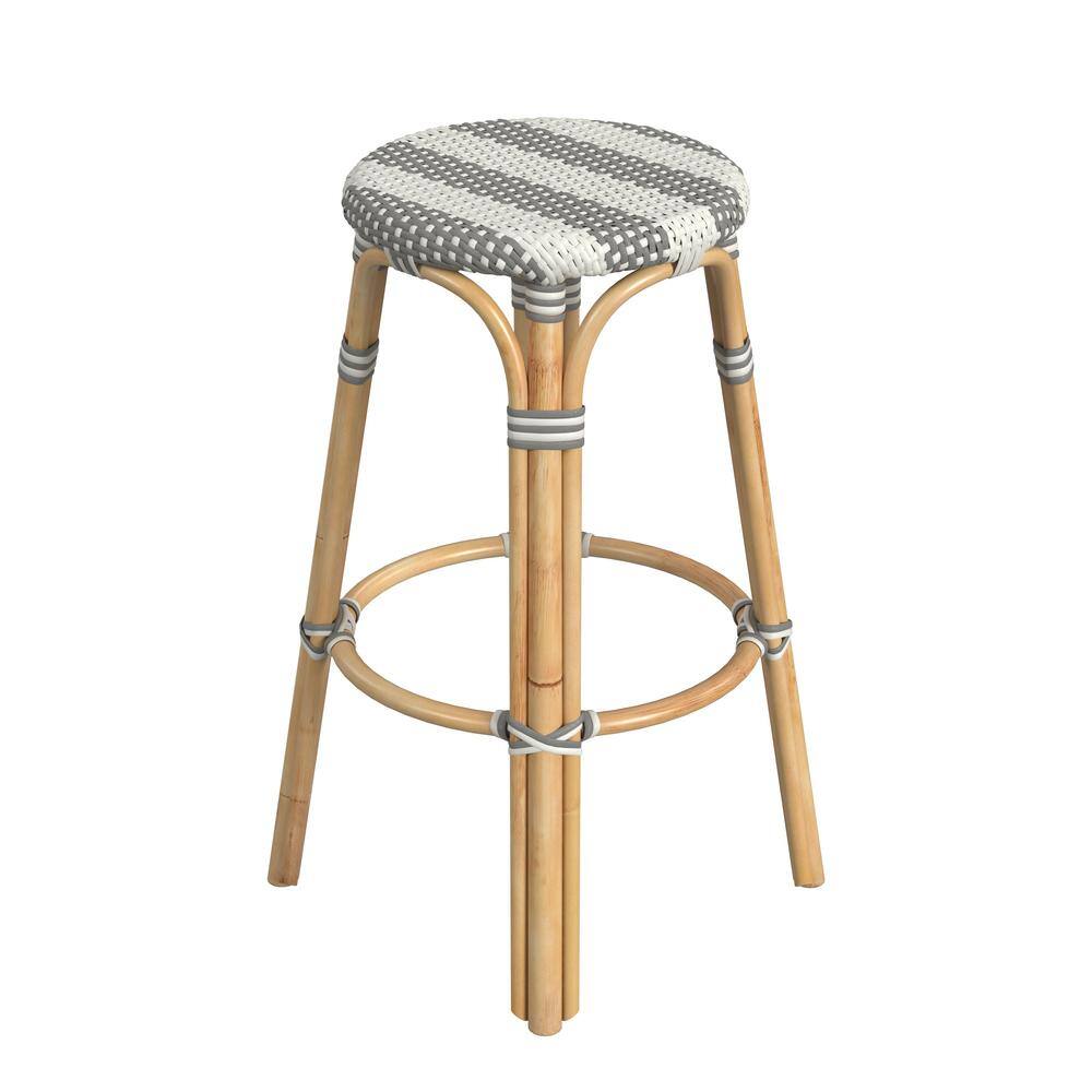 Damask Grey Striped 30" Round Rattan Coastal Bar Stool