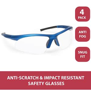 Clear/Blue, Sport Mirror Safety Glasses, ANSI Z87 Plus High Impact UV Lens (4-Pairs)