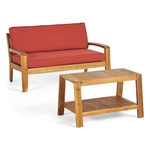 Grenada Teak Brown 2-Piece Wood Outdoor Patio Conversation Set with Red Cushions