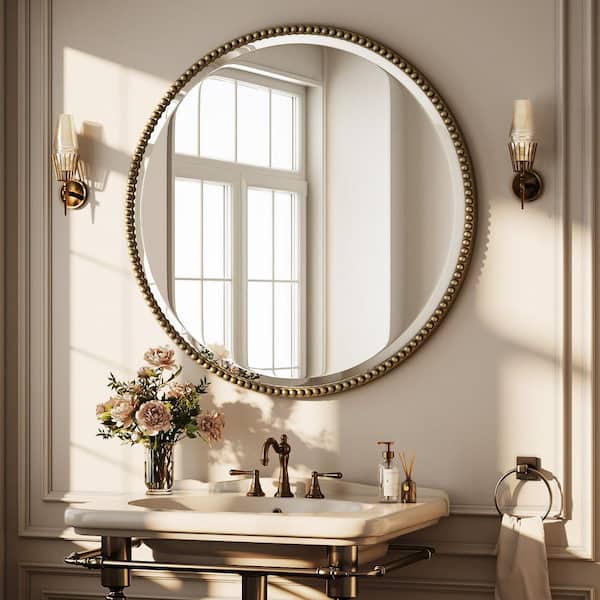 GLSLAND 28 in. W x 28 in. H Round Polyurethane Framed Antique Bronze Wall Bathroom Vanity Mirror