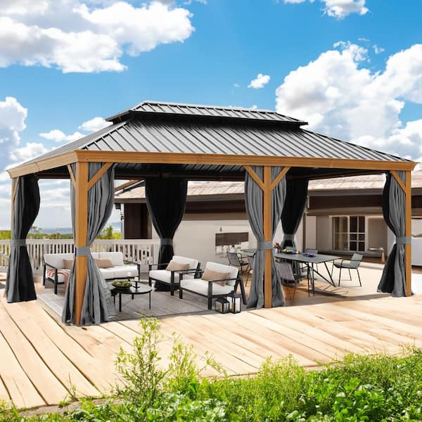 Residential 20 ft. x 12 ft. Black Permanent Outdoor Gazebo with Privacy Curtain and Netting