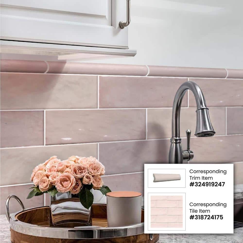 Soft Pink Glossy Ceramic Pencil Bullnose Tile Trim, 8-inch