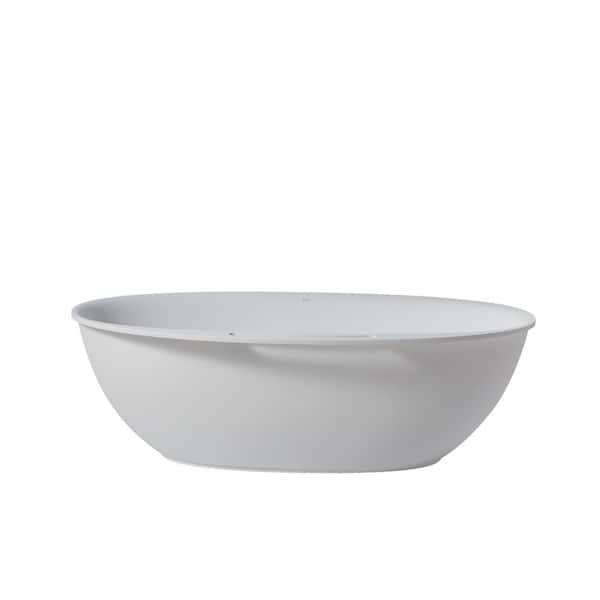 63 in. x 33.5 in. Elegant Soaking Freestanding Solid Surface Resin Stone Oval Bathtub with Center Drain in Matte White