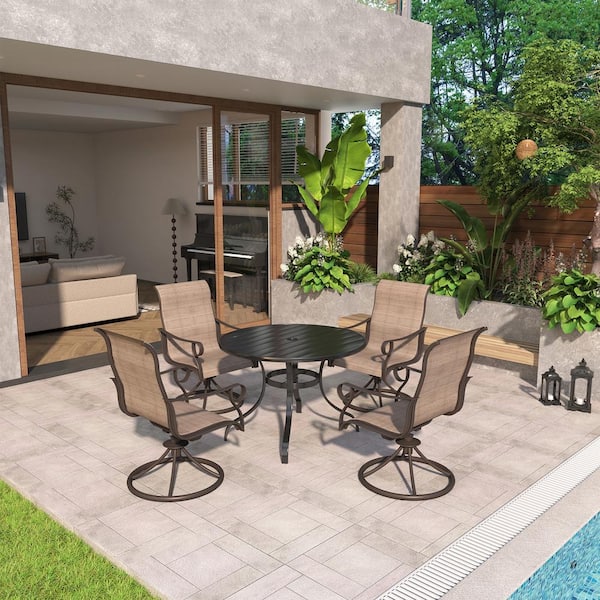 5-Piece Steel Textiliene Swivel Chair Round Table 28.35 in. Height Outdoor Dining Set with Umbrella Hole