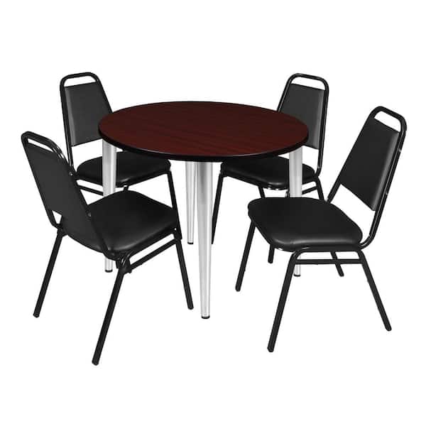 Regency Trueno 42 in. Round Mahogany and Chrome Wood Breakroom Table and 4-Black Restaurant Stack Chairs (Seats 4)