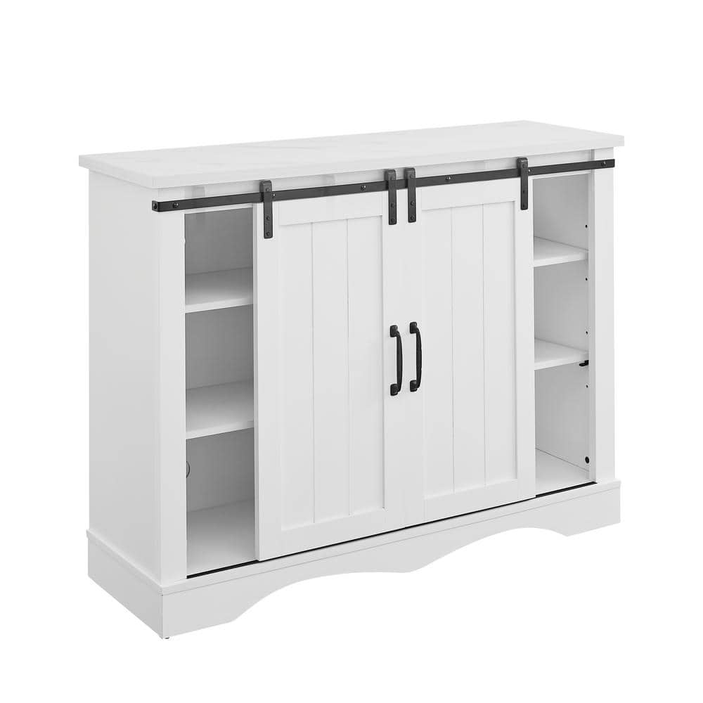 Rustic 47" White Wood Bar Cabinet with Marbling Countertop & Barn Doors