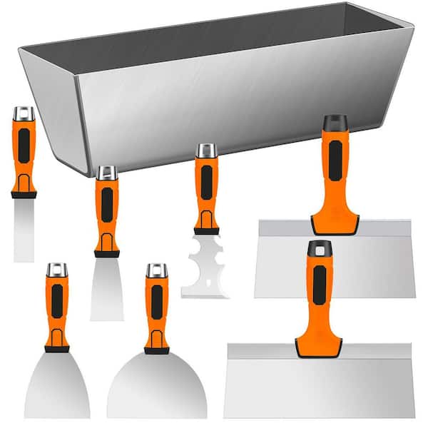 8 Pieces Stainless Steel Drywall Knife Set, Putty Knives with Mud Pan, Ergonomic Grip Tapping Knife with Hammer End