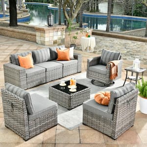 Tahoe Grey 8-Piece Wicker Outdoor Patio Conversation Sofa Set with a Swivel Rocking Chair and Striped Grey Cushions