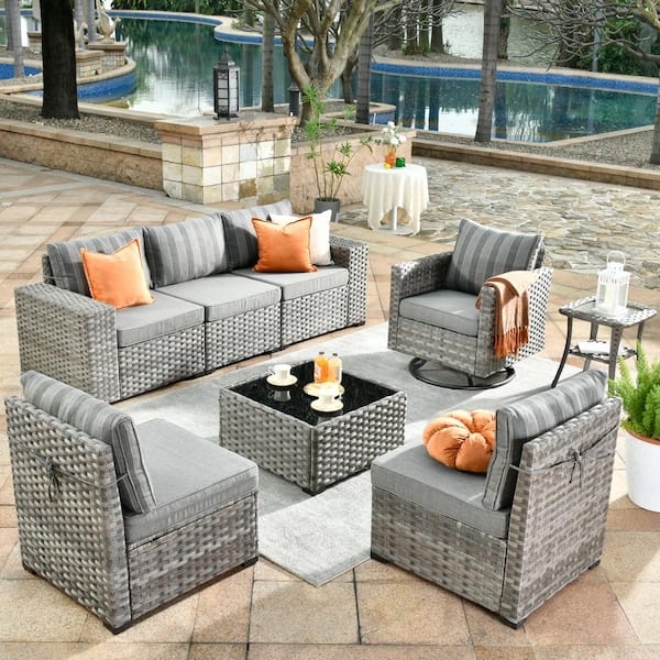 HOOOWOOO Tahoe Grey 8-Piece Wicker Outdoor Patio Conversation Sofa Set with a Swivel Rocking Chair and Striped Grey Cushions