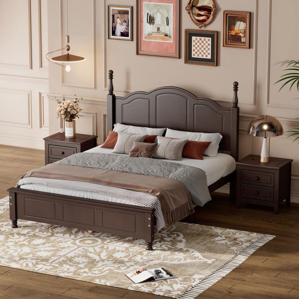 Soren 3-Piece Walnut Wood Frame Full Size Bedroom Set Platform Bed and 2 Nightstands