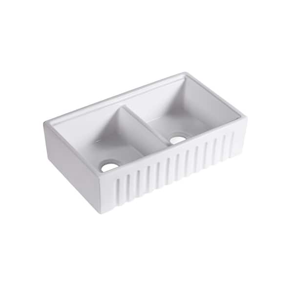 Maxie Sink Left to Right 33 in. Undermount Farmhouse Apron Front Rectangular Double Bowl White Ceramic Kitchen Sink