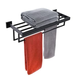 23.6 in. Matte Black Bathroom Wall Mounted Towel Shelf with Double Towel Bars