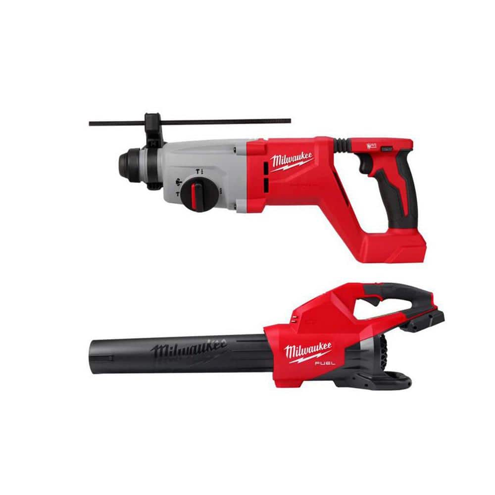 M18 18V Lithium-Ion Brushless Cordless 1 in. SDS-Plus D-Handle Rotary Hammer & M18 Dual Battery Blower -  Milwaukee, 2613-20-2824-20