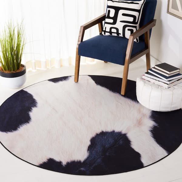 Faux Hide Ivory/Dark Blue 4 ft. x 4 ft. Machine Washable Animal Print Round Area Rug