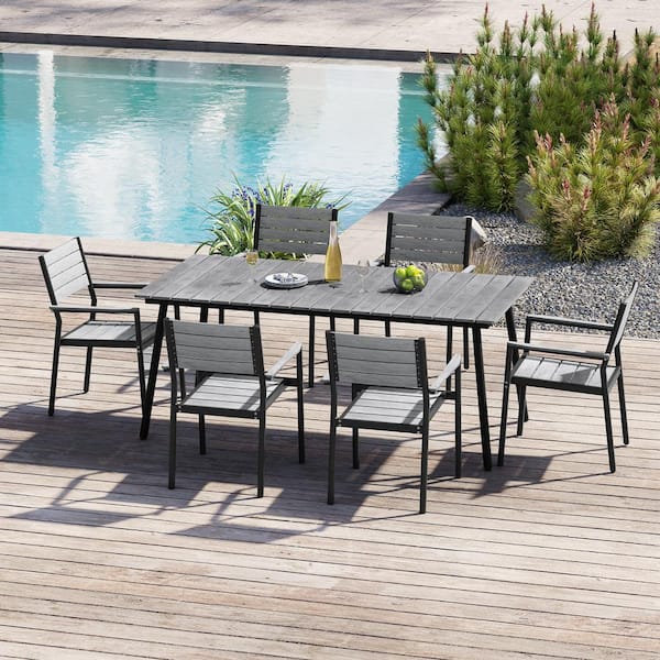 Crestlive Products Gray 7-Piece Aluminum Rectangular 70.8 in. Table Outdoor Dining Set with Armchairs