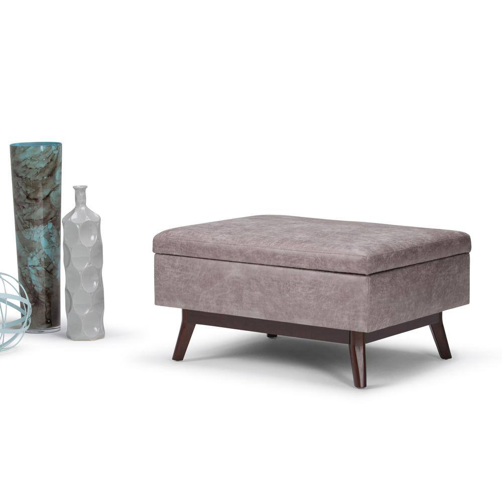 Mid-Century Modern Distressed Gray Taupe Wood Storage Ottoman
