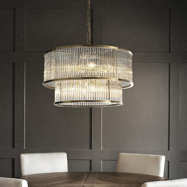 21in. W 10-Lights Modern Glam 2 Tier Glass Drum Chandelier in Antique Bronze Contemporary Round Pendant Light