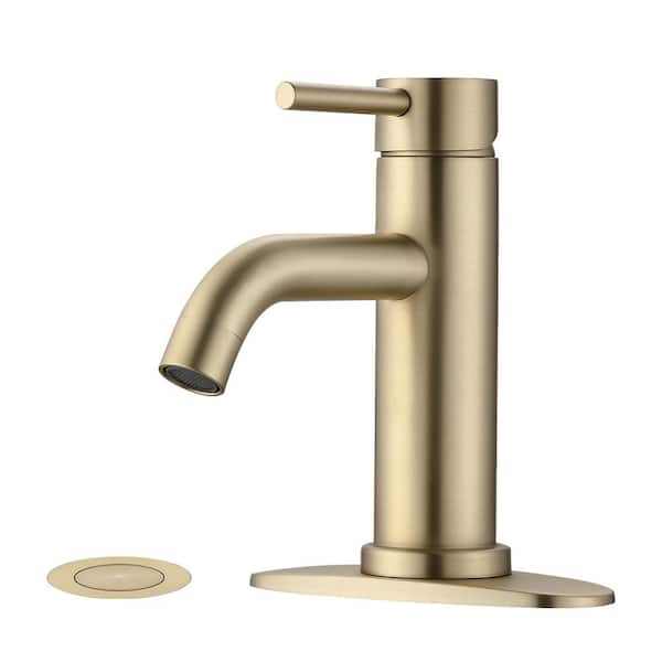 Magic Home Single Handle Single Hole Bathroom Faucet with Deck Plate and Drain Kit in Brushed Gold