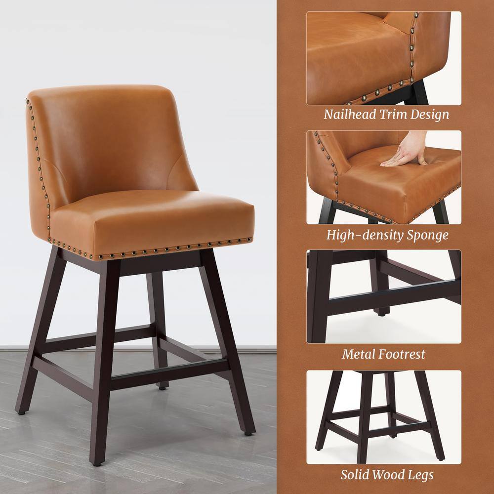 26'' Yellowish-Brown Swivel Counter Stools with Faux Leather and Wood Legs, Set of 6