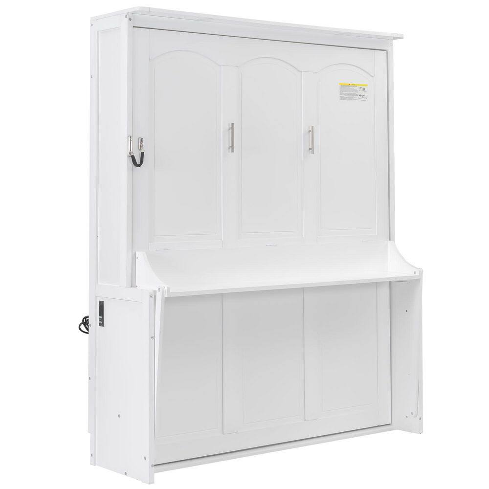 White Wood Frame Queen Murphy Bed with Desk, LED Lights and USB Charging Station - thumbnail 7