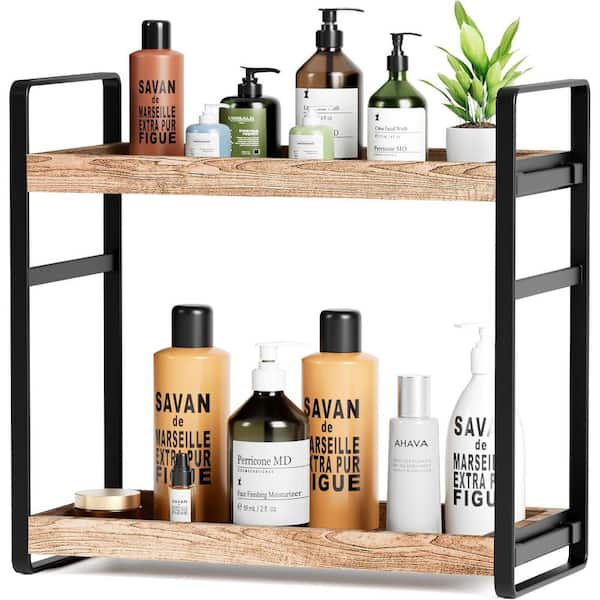 CLAVIE 2-Tier Adjustable Wooden Iron Frame Bathroom Tray in Brown