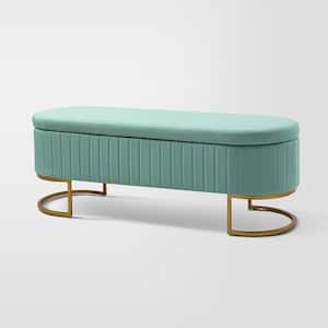 Olga Teal 50 in. Wide Modern Upholstered Storage Bench with Golden Metal Sled Legs