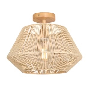 16 in. 1-Light Cream Small Semi-Flush Mount Ceiling Light with natural Simple Hand Weaved shade