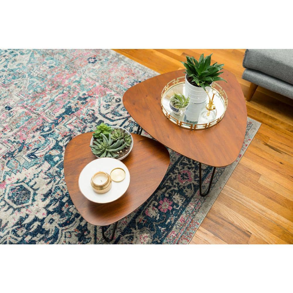 Walnut Triangular Wood Nesting Coffee Tables with Hairpin Legs