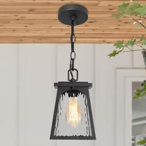 11 in. 1-Light Rusty Bronze Geometric Outdoor Pendant Light with Arched Window Water Wave Glass and No Bulbs Included