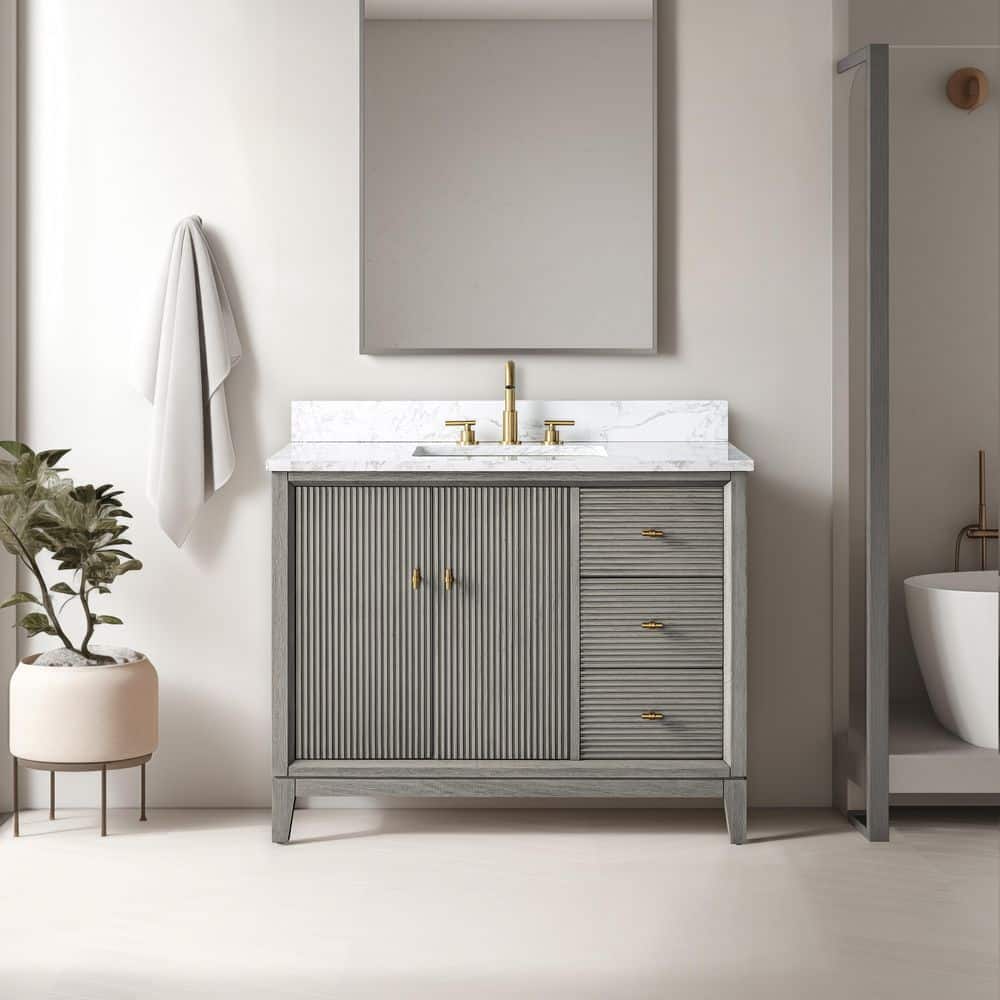 42" Driftwood Gray Freestanding Bathroom Vanity with Engineered Marble Top