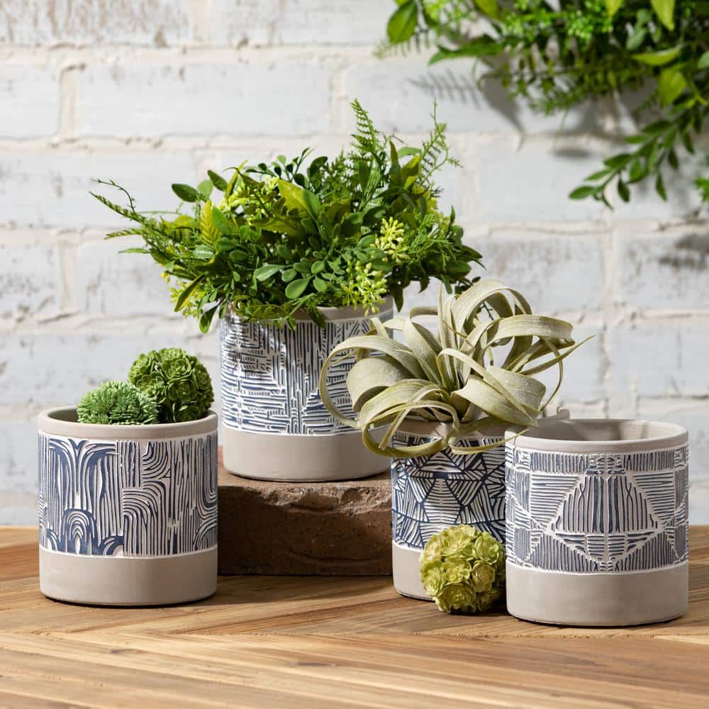 10.5" Gray and Blue Abstract Cement Planter Set