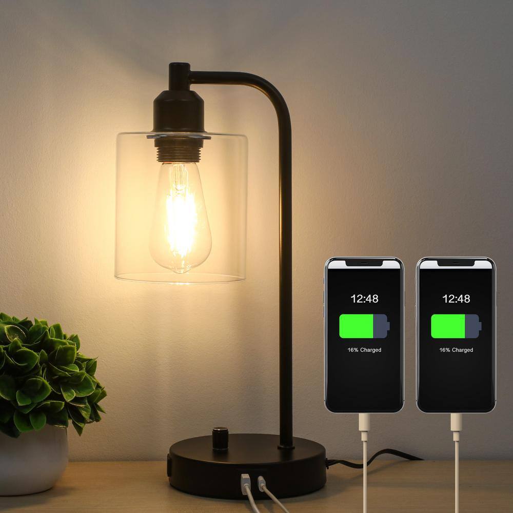 14 in. Industrial Black Table Lamp with Glass Shade for Bedrooms Bedside Lamps with USB Port and Outlet (Bulb Included)