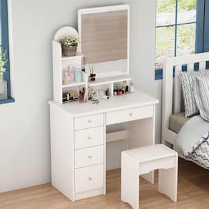 5-Drawers White Makeup Vanity Sets Wood Dressing Desk With Mirror, Stool and 3-Tier Storage Shelves