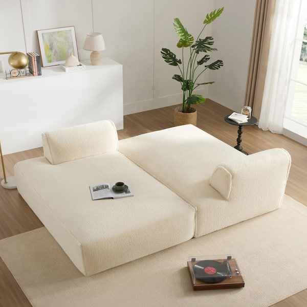 Qualler 90 in. 2-Piece Armless Plush Fabric Rectangle Fully Compressed Sofa in. Beige