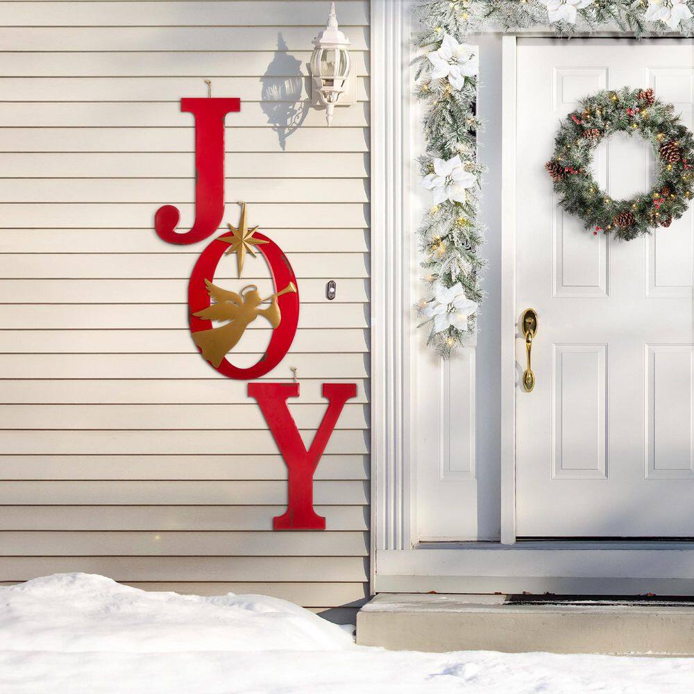 Festive Red and Gold Metal JOY Yard Stake with Angel