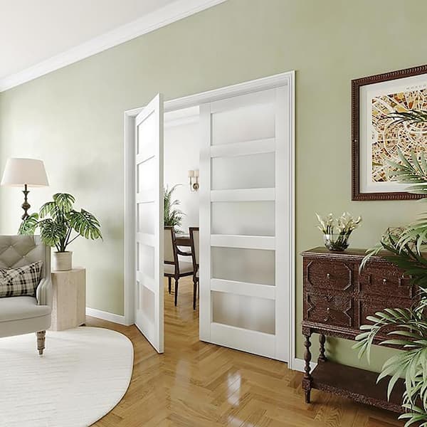 64 in. x 80 in. (Double 32 in. Interior Door slab) 5-Lites Frosted Glass Solid Hybrid Wood MDF White Pantry Finished